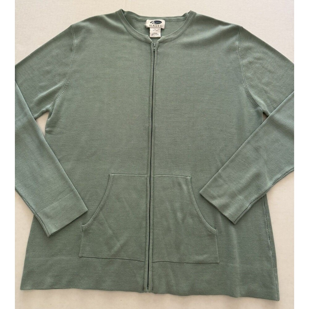 Haley 100% Silk Full-Zip Cardigan L Sage Green  Old Money Minimalist